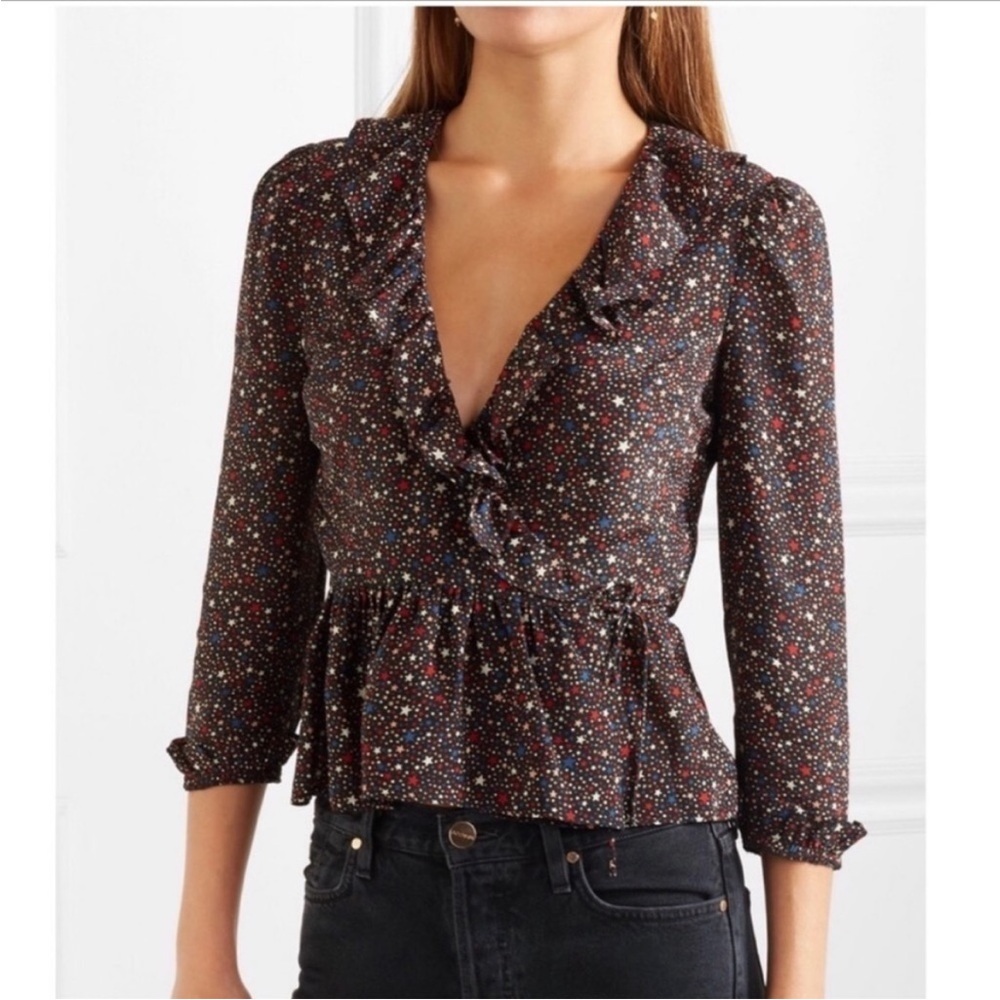 Madewell 100% Silk Ruffle Hem Wrap Top in Starry Night Size XL